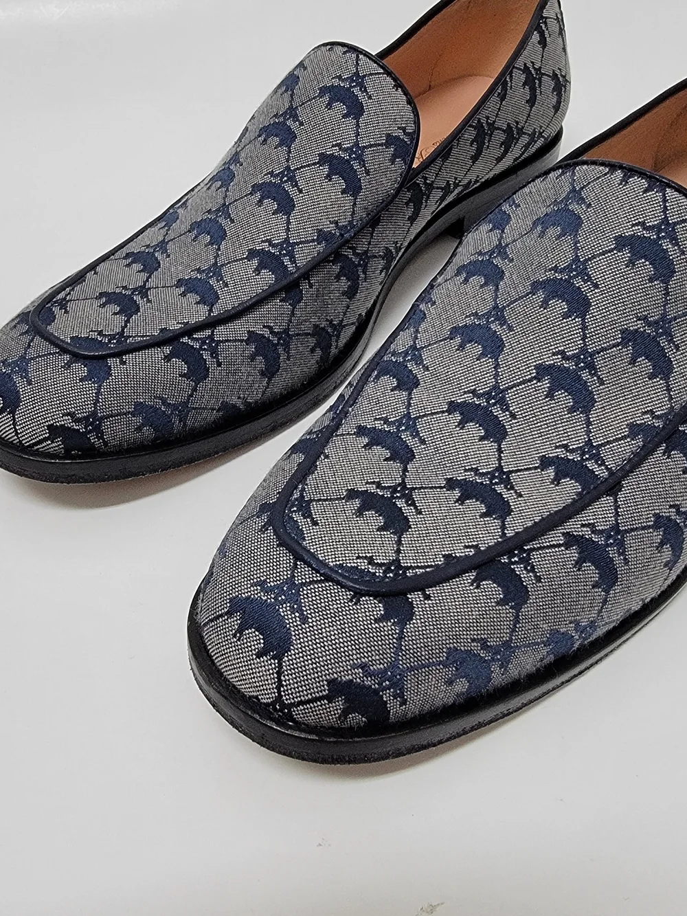 Brooks Brothers Womens Navy Leather Trimmed Logo Jacquard Loafer Dress Shoes 8